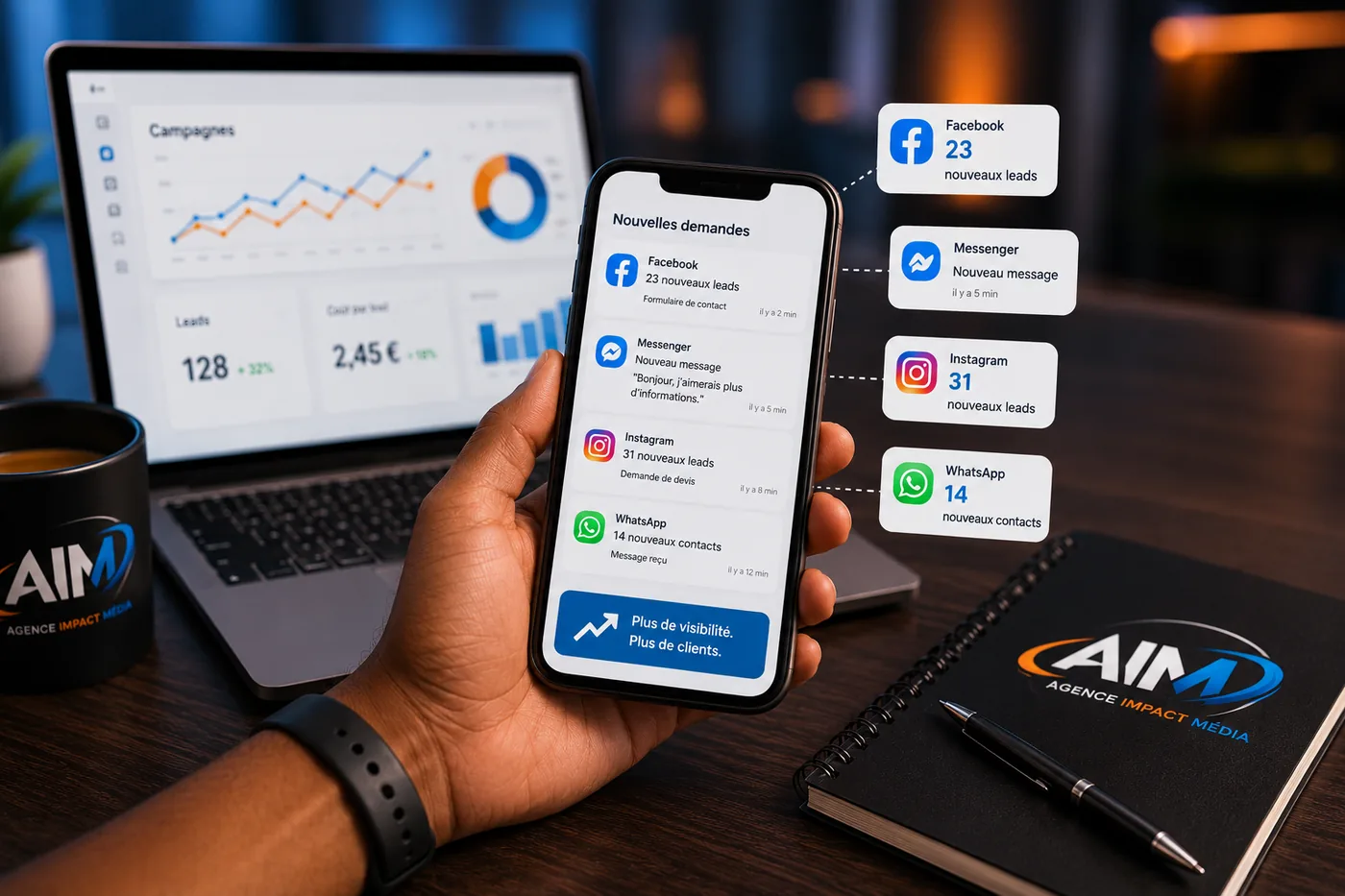 Tableau de bord de campagne et nouvelles demandes reçues sur smartphone — Facebook, Instagram, Messenger, WhatsApp